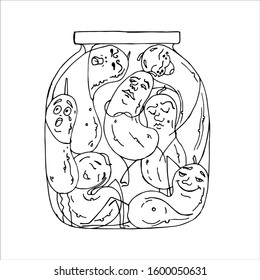 Coloring book that teaches recognition of facial expressions and gestures on the example of cartoon cucumbers in a bank. Freehand drawing vector.