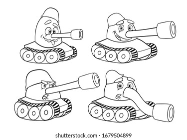 coloring book of their four cartoon tanks. each on a separate layer. isolated on white background. stock vector illustration