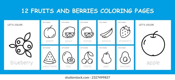 Coloring book with thick outline for kids, toddlers. Fruits and berries. Vector illustration