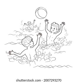 Coloring book: three boys are playing with a ball in a pond. Summer illustration on the theme of the beach and the sea, the river. Vector illustration in cartoon style, black and white line art 