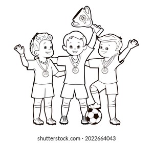 Coloring book: three young soccer players with medals around their necks celebrating victory in a football match holding a cup in their hands.Vector illustration, cartoon, black and white line art