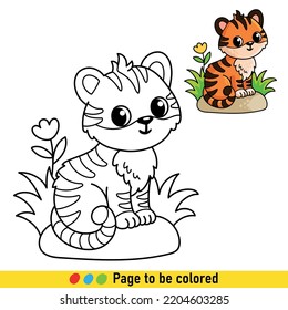 Libro de colorear con cachorro de tigre al estilo de las caricaturas. Ilustración en blanco y negro con animal para el desarrollo de niños.