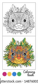 Coloring book tiger page game.Color images and outline black.Child and adults antistress.Vector illustration.