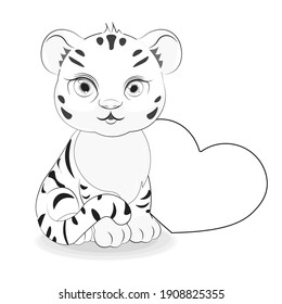 coloring book tiger symbol 2022, 2034 new year with heart, picture in hand drawing cartoon style, for t-shirt wear fashion print design, greeting card, postcard. baby shower. party invitation