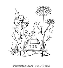 Coloring book with tiny fairy house under big beautiful flowers. Vector illustration.