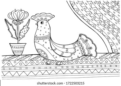 Coloring book with a toy bird. Bird in small ornaments and patterns. Painting clay toys for children and adults, antistress. For a children's book, meditation, relaxation, art therapy. on white