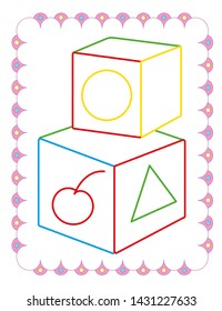 Coloring book of toy cubes on white background
