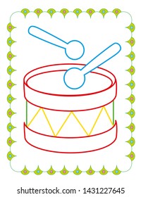 Coloring book of toy drum on white background
