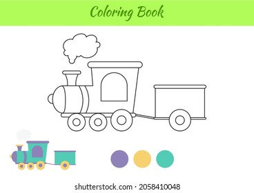 Coloring book train for children. Educational activity page for preschool years kids and toddlers with transport. Printable worksheet. Cartoon colorful vector illustration.