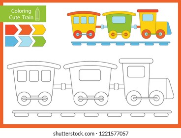 Coloring book with a train. Drawing worksheets for children. Children funny picture riddle. Coloring page for kids. Drawing lesson. Activity art game for book. Vector illustration.
