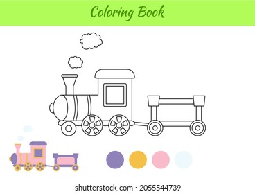 Colorando el tren del libro para los niños. Página de actividad educativa para niños de edad preescolar y niños con transporte. Hoja de cálculo imprimible. Dibujo vectorial colorido de dibujos animados.