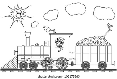 Coloring book with train - vector illustration
