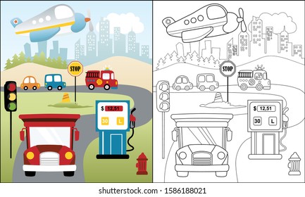 coloring book of transportation cartoon, city traffic elements illustration