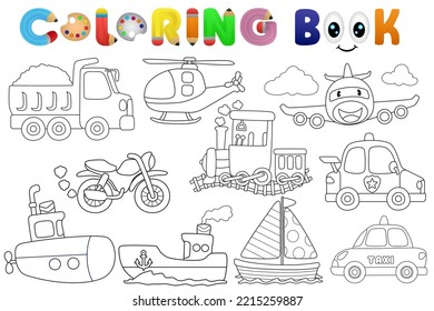 Coloring book and transportations cartoon