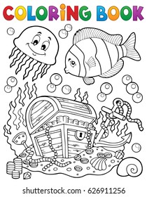 Coloring book treasure chest underwater - eps10 vector illustration.