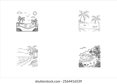 Coloring book tropical landscape. Hand draw vector illustration