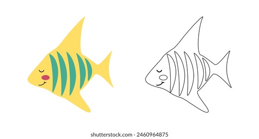 Coloring book tropical yellow striped fish with sharp fins. Vector cartoon illustration for children's coloring books, outline and example in color.