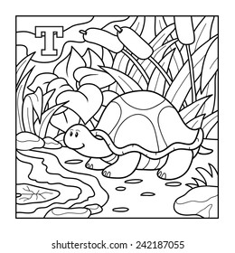 Coloring book (turtle), colorless alphabet for children: letter T