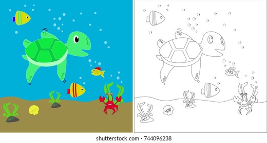 coloring book turtle and friends. vector cartoon illustration