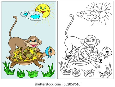  Coloring  book.  The turtle, a monkey.  Hand drawn. Black and white.Adults, children. Vector illustration. Color.