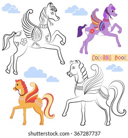 Coloring book with two beautiful flying horse with colored wings. Fairy-tale pony jumping, standing. Fabulous little orange and lilac horses for children. Vector black and white illustration