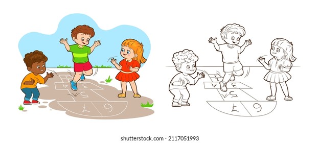 Coloring book two boys and a girl are jumping while playing hopscotch. Vector illustration in cartoon style, black and white line art