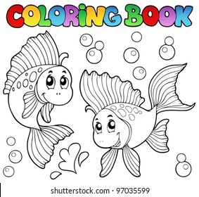 Coloring book two cute goldfishes - vector illustration.