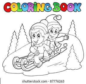 Coloring book two kids on sledge - vector illustration.