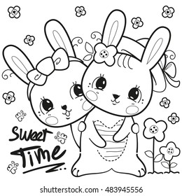 Coloring book, two little rabbit girls wearing hat and bow headband in a field among flowers background illustration vector.