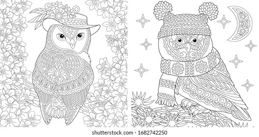 Coloring book. Two owls in cute hats showing different seasons: spring and winter. Line art design for adult or kids colouring page in zentangle style. Vector illustration. 