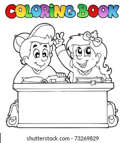 Coloring book with two pupils - vector illustration.