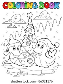 Coloring book two seals with tree - vector illustration.