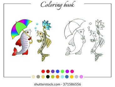 Coloring book with two talking fish with umbrella and  with flower. Cartoon vector illustration for children education.