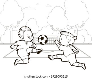 Coloring Book; Two Teenage Boys Play A Soccer Ball On The Background Of A Football Field. Vector Illustration In Cartoon Style, Black And White Line Art