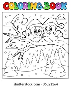 Coloring book two winter birds - vector illustration.