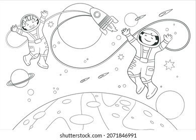 Coloring book two young astronauts fly in space against the background of stars and planets. Vector illustration in cartoon style, black and white line art