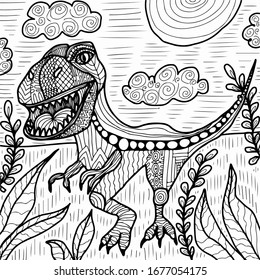 Coloring book with tyronasaur. Antistress page for adults and children. Dinosaur in the jungle. Stock illustration
