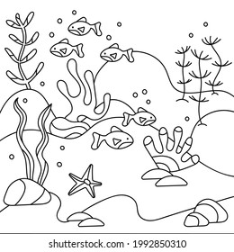 Coloring book Under water. Marine vector motif . Doodles of the underwater world, sea, ocean, river . Plants algae fish turtles. Aquariums. Hand-drawn vector illustration