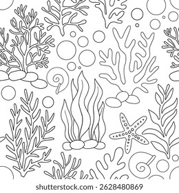 Coloring book. Underwater illustration, seamless pattern with seaweed and bubbles. Vector illustration in doodle style.