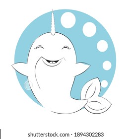 Coloring book unicorn Narwhal have fun in bubble background, picture in hand drawing cartoon style, for t-shirt wear fashion print design, greeting card, postcard. baby shower. party invitation