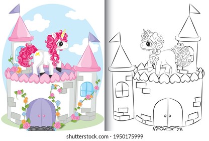 Coloring book Unicorn on the castle.