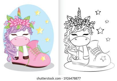 Coloring book with unicorn and rainbow cartoon in the shoes. coloring book for preschool children.