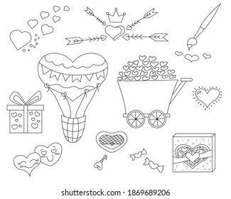 Coloring book Valentines Day design set with hand drawn elements. Vector illustration on white background.
