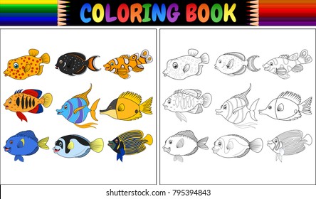 Coloring book various fishes