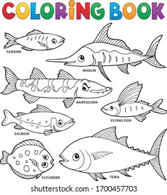 Coloring book various fishes theme set - eps10 vector illustration.