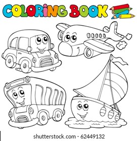 Coloring book and various vehicles    vector illustration 