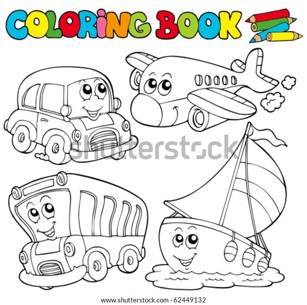 Coloring book with various vehicles - vector illustration.