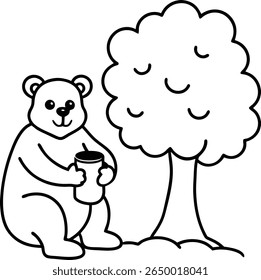 coloring book vector art of a smiling bear eating.