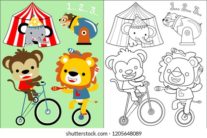 Coloring book vector with cute animals playing circus