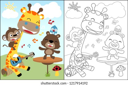 Coloring book vector of cute animals playing music and singing together in forest